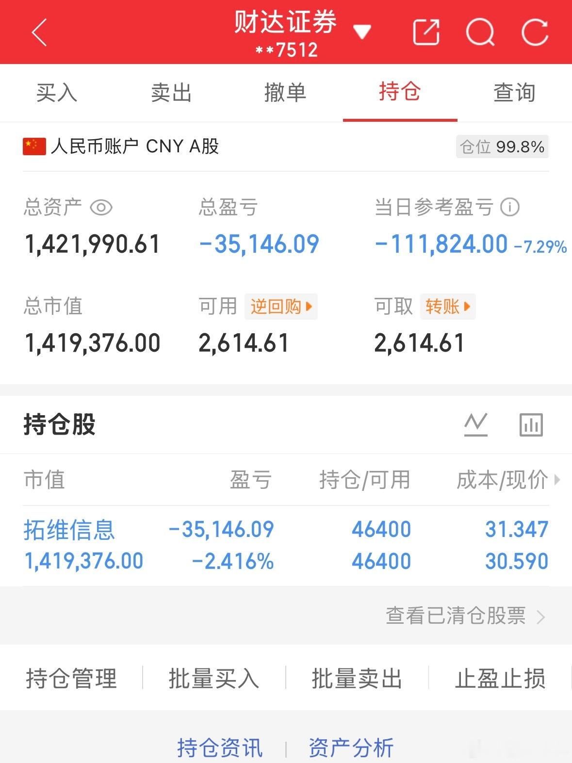 50万全职炒股的第59天总资产1421990当日参考盈亏-111824持仓股：持