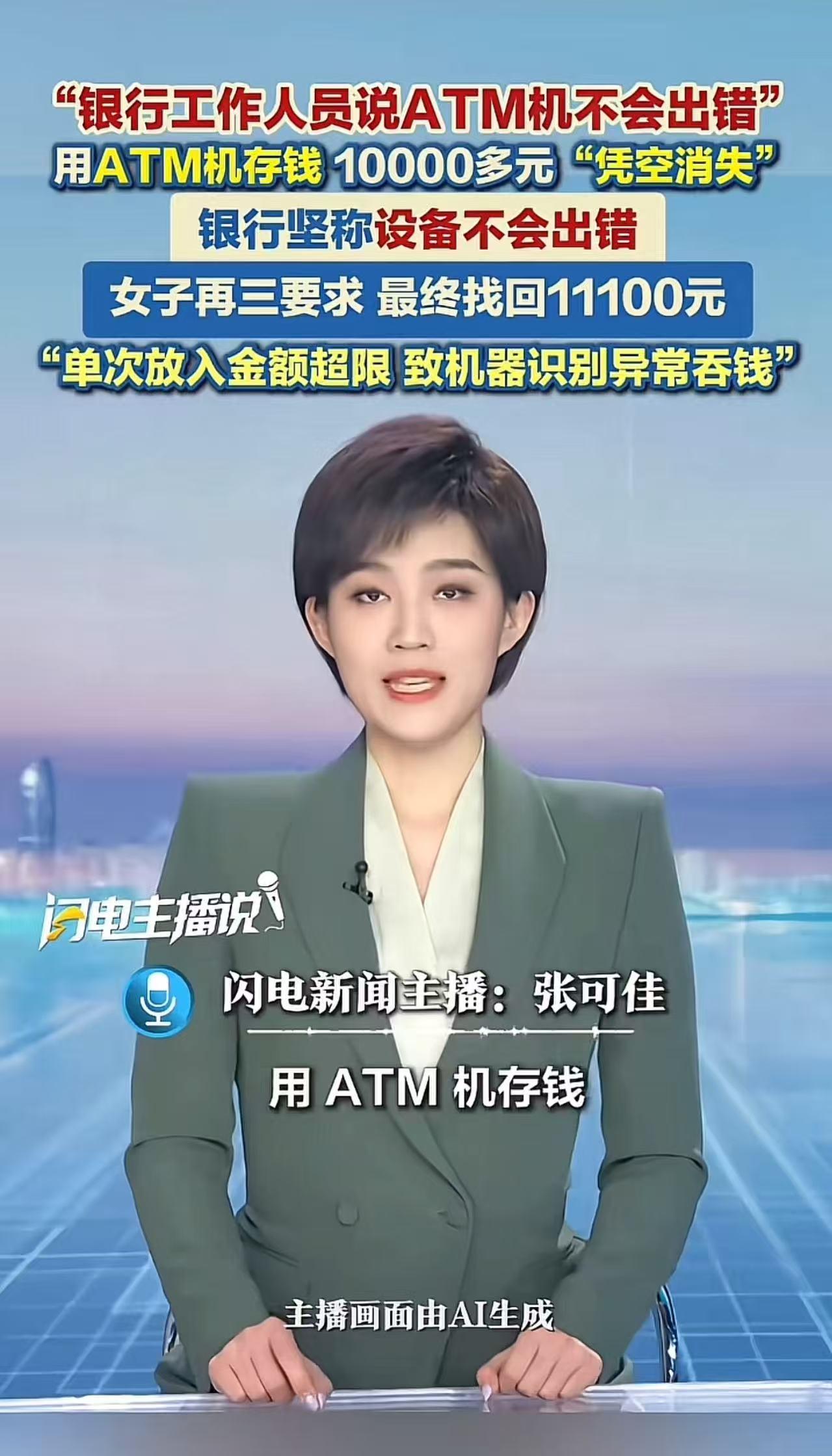 女子用 ATM 机存钱，10000 多元 “凭空消失”！女子连忙去柜台找工作人员