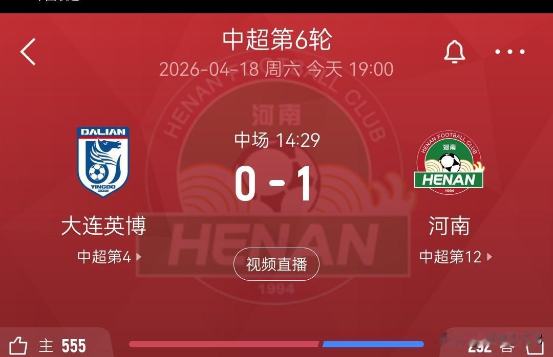运动战王上源进球，中超第6轮上半场大连英博0-1河南。

4月18日，中超第6轮