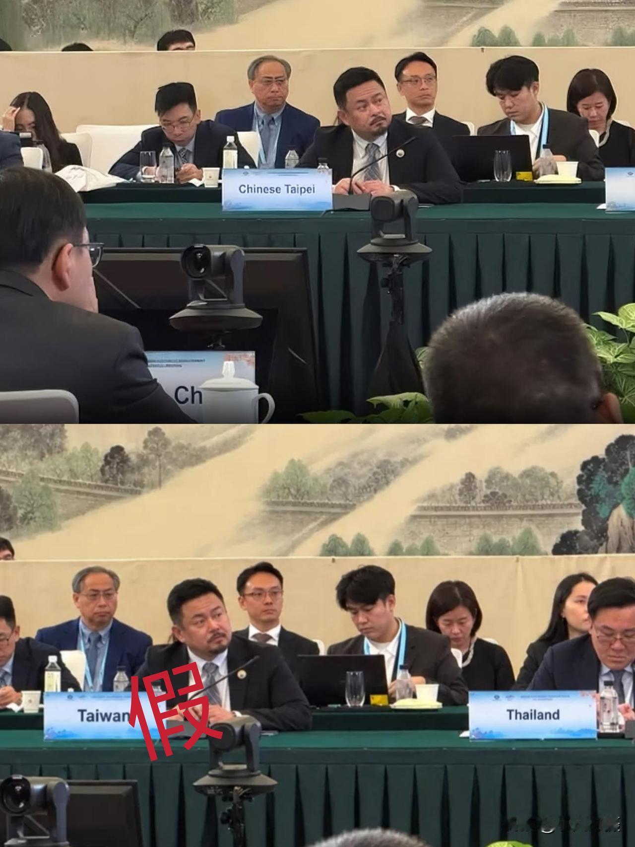 日前，台湾省冥禁党洪申翰来大陆参加APEC，字牌上明明写着“Chinese Ta