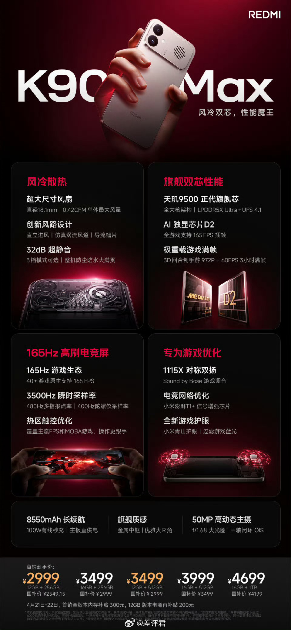 #差评说数码# REDMI K90 Max 价格来了，首销 2999 起，说实话