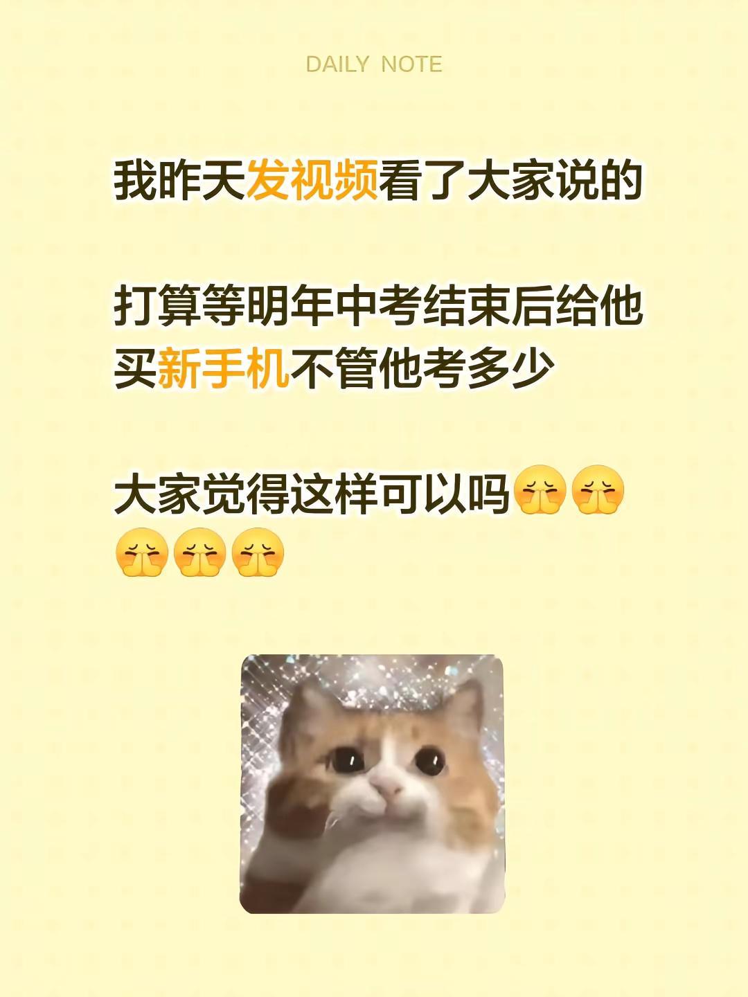 中考后换手机。我昨天发视频看了大家说的打算等明年中考结束后给他买新手机不管他考多