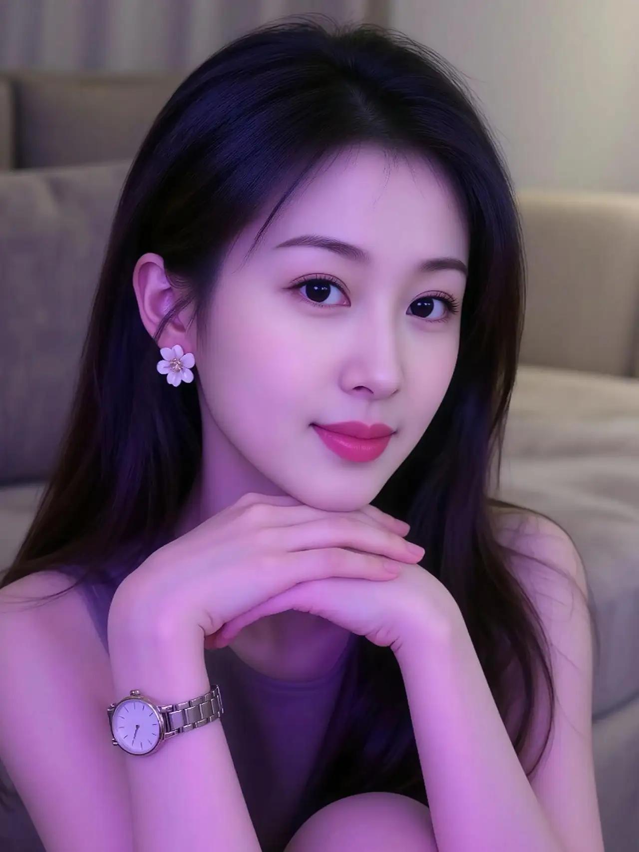 甜美少女风，温柔笑容，粉色耳环，时尚手表，居家自拍。