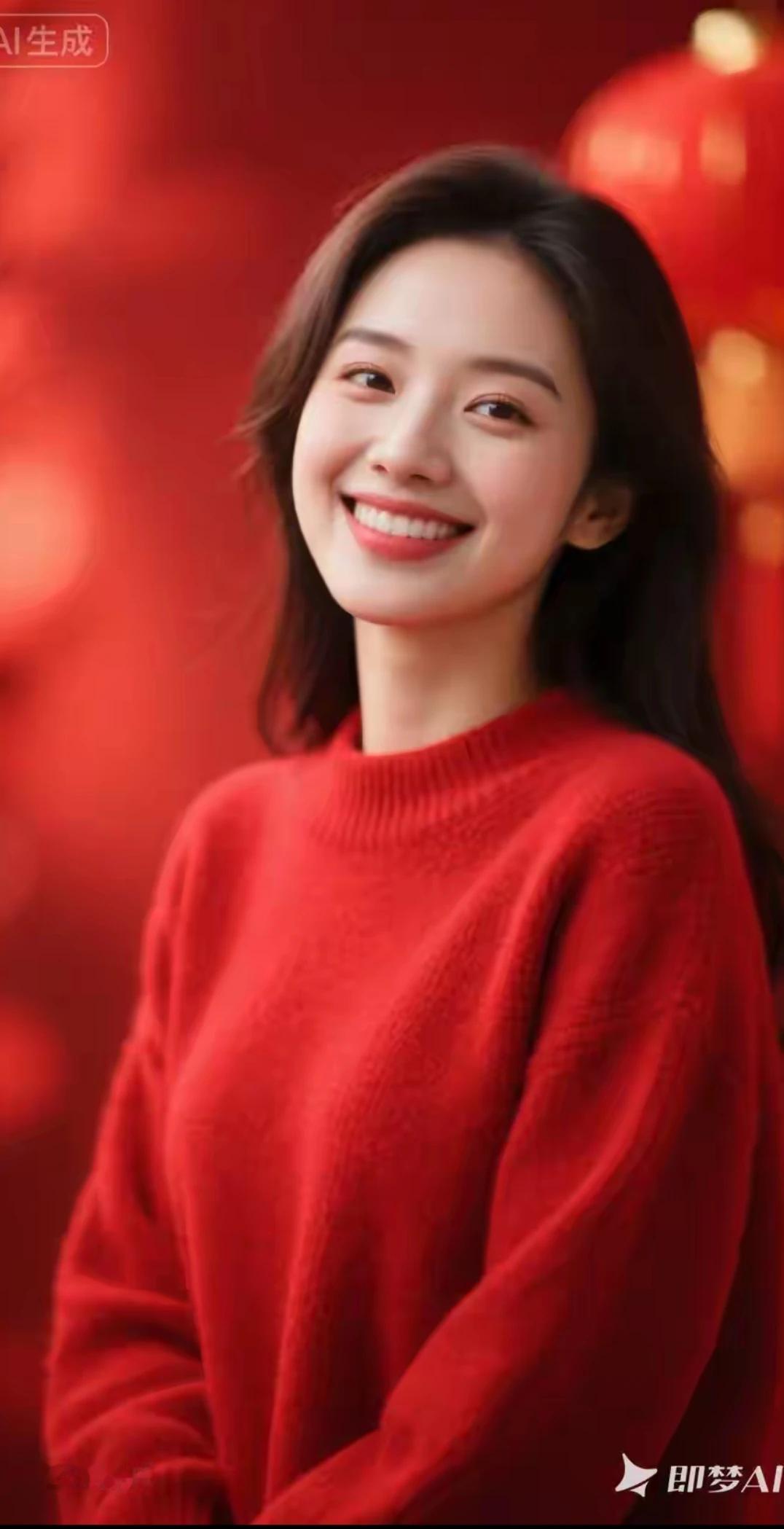 冰肌玉骨，明眸皓齿
出水芙蓉，秀色可餐
红色毛衣，笑容甜美
花容月貌，气质如兰