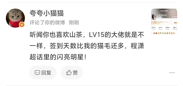 听闻你也喜欢山茶，LV15的大佬就是不一样，签到天数比我的猫毛还多，程潇超话里的