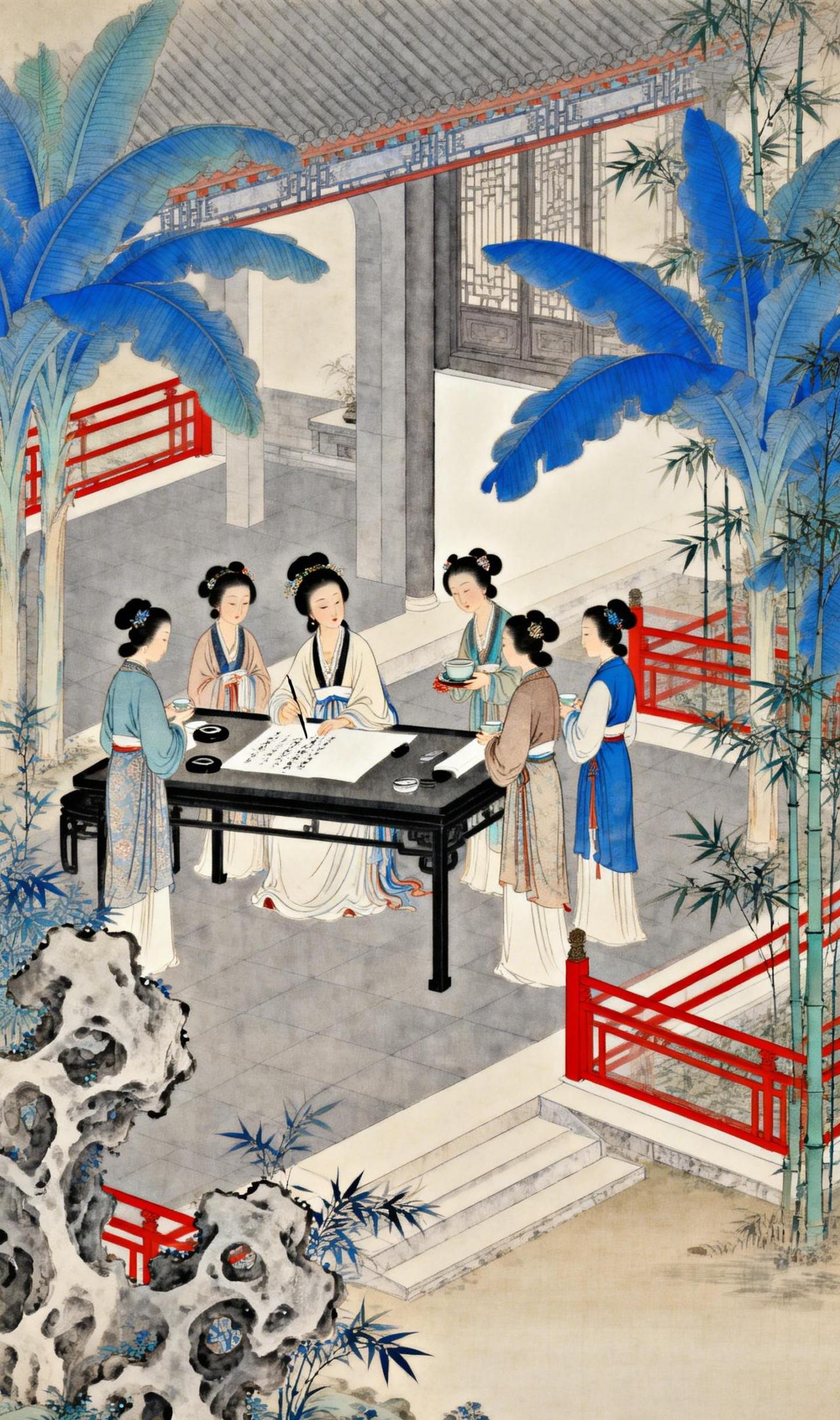 墨韵芳华——工笔重彩中的庭院闲叙
宣纸轻展，朱栏静倚。庭院深深，工笔重彩细细勾染