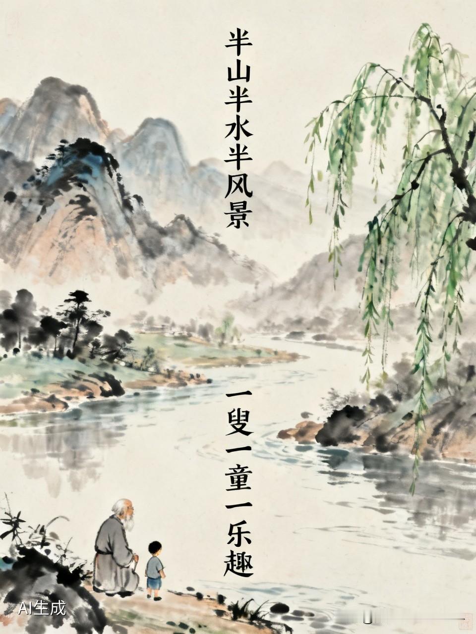 上联：半山半水半风景，诚邀下联，一叟一童一乐趣，[微风]