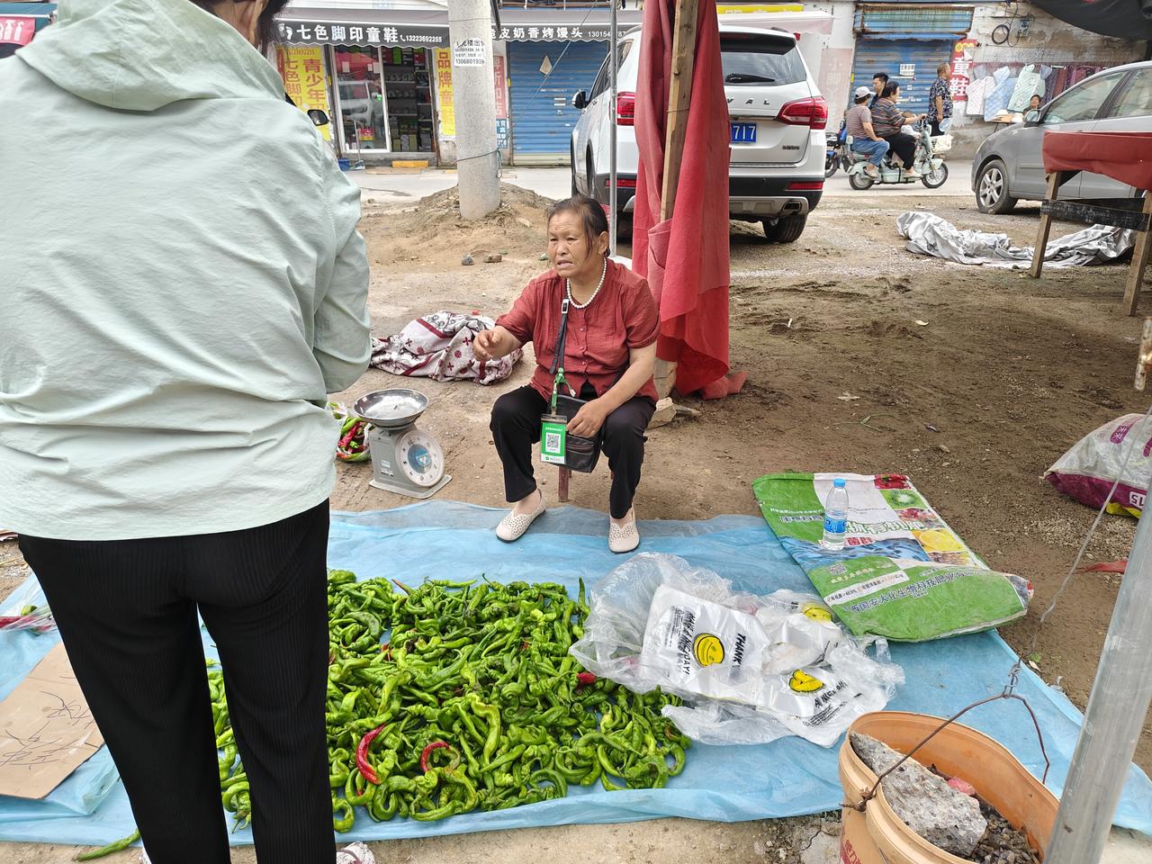 瞧瞧，在运城盐湖西街早市，这位70多岁的大娘在卖辣椒🌶️，自家地里种的，一元一