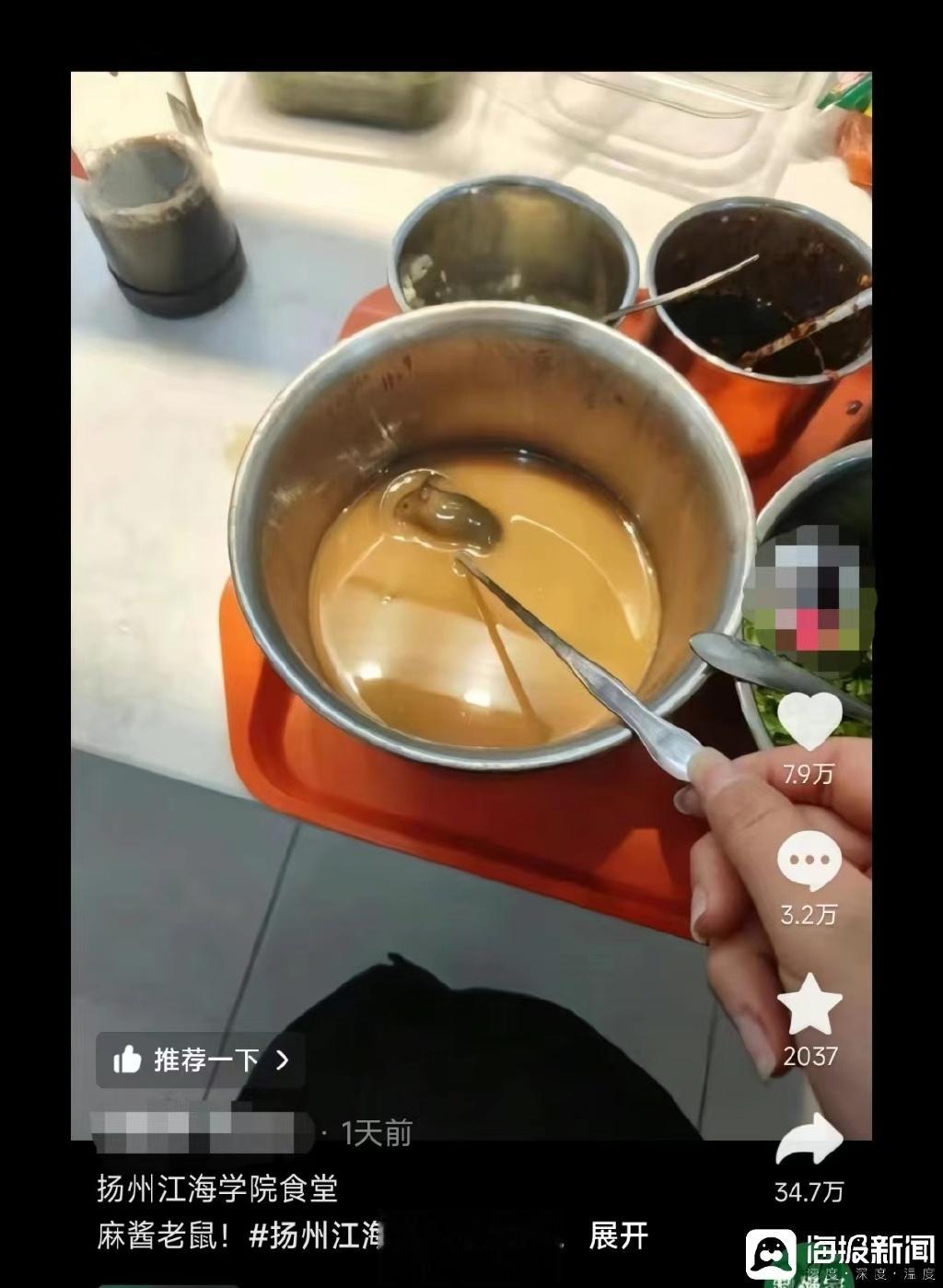 【扬州一学院食堂麻酱盆中发现老鼠 校方回应：属实，正在调查】#高校食堂麻酱盆中发