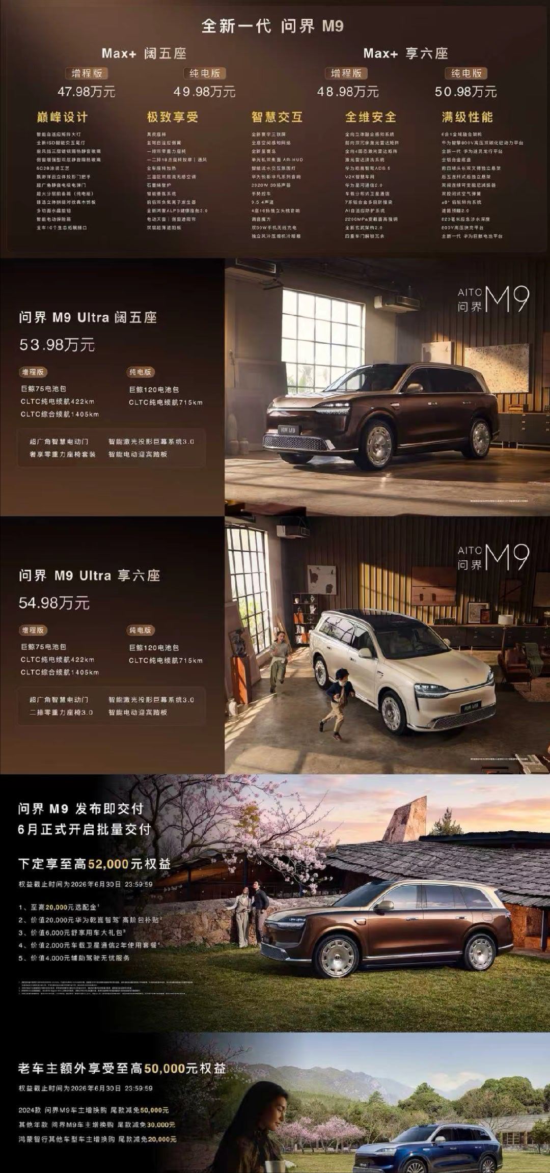 鸿蒙智行发布会全新问界M9系列正式发布 Max+阔五座增程47.98万、纯电49