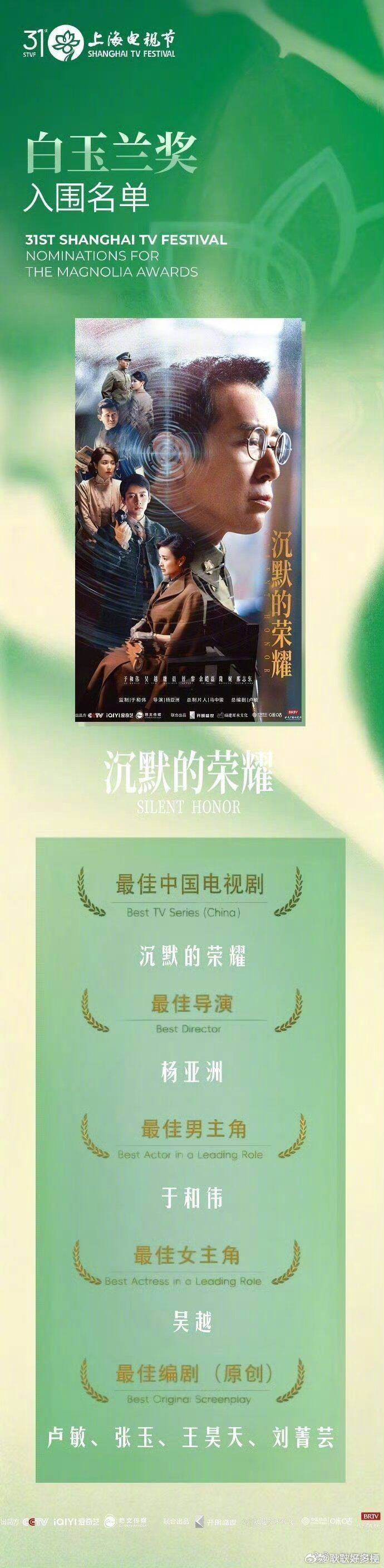 白玉兰入围名单 于和伟老师的演技真是绝了，每个眼神都是戏啊！看好拿奖！沉默的荣耀
