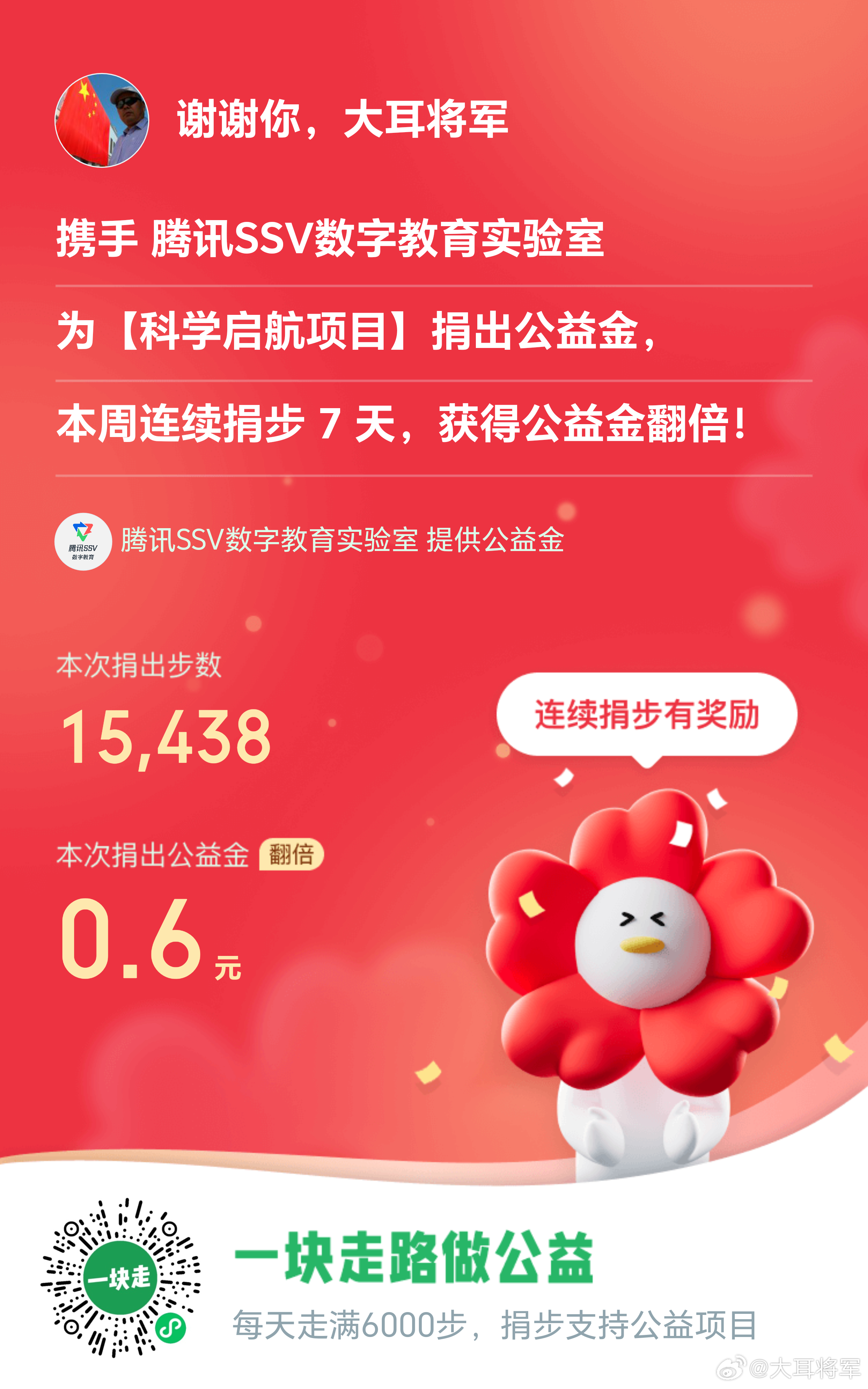 大耳将军单车行坚持走路做公益，捐出公益金，每一步都有意义，今天捐步8毛6大耳将军