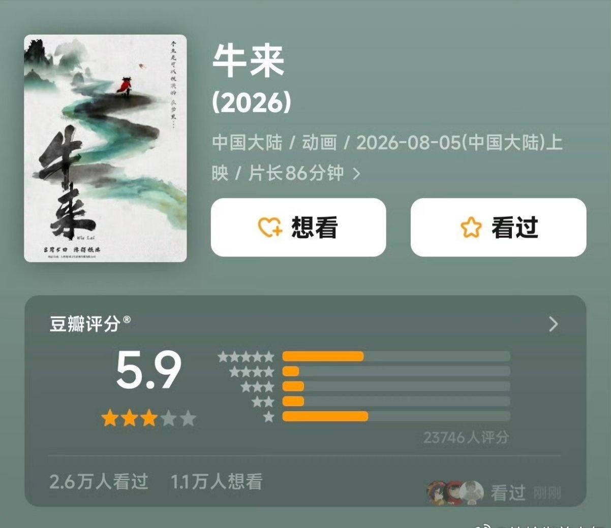 牛来豆瓣开分5.9，一星和五星齐飞 ​​​