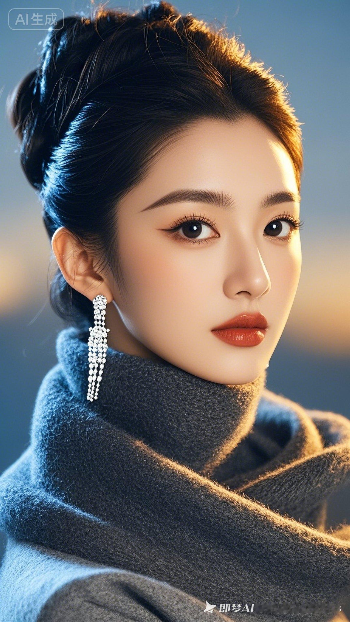 美女高盘发配长耳坠，着高档灰色高领毛衫、围厚围巾，蓝光交织浅暖背景，气质高贵典雅