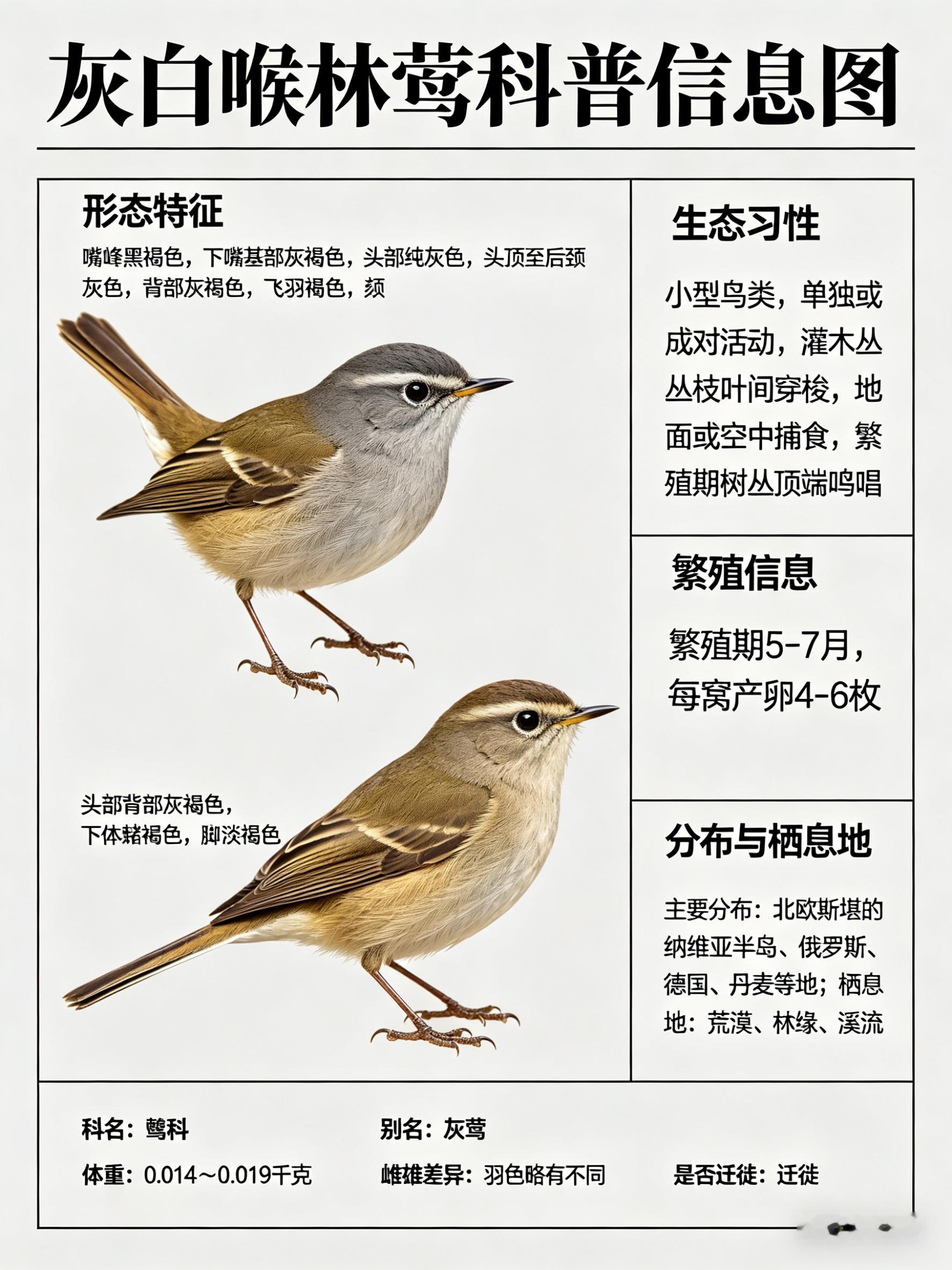 鸟类朋友图鉴 灰白喉林莺科名：鹟科体重：0.014～0.019千克别名：灰莺灰白