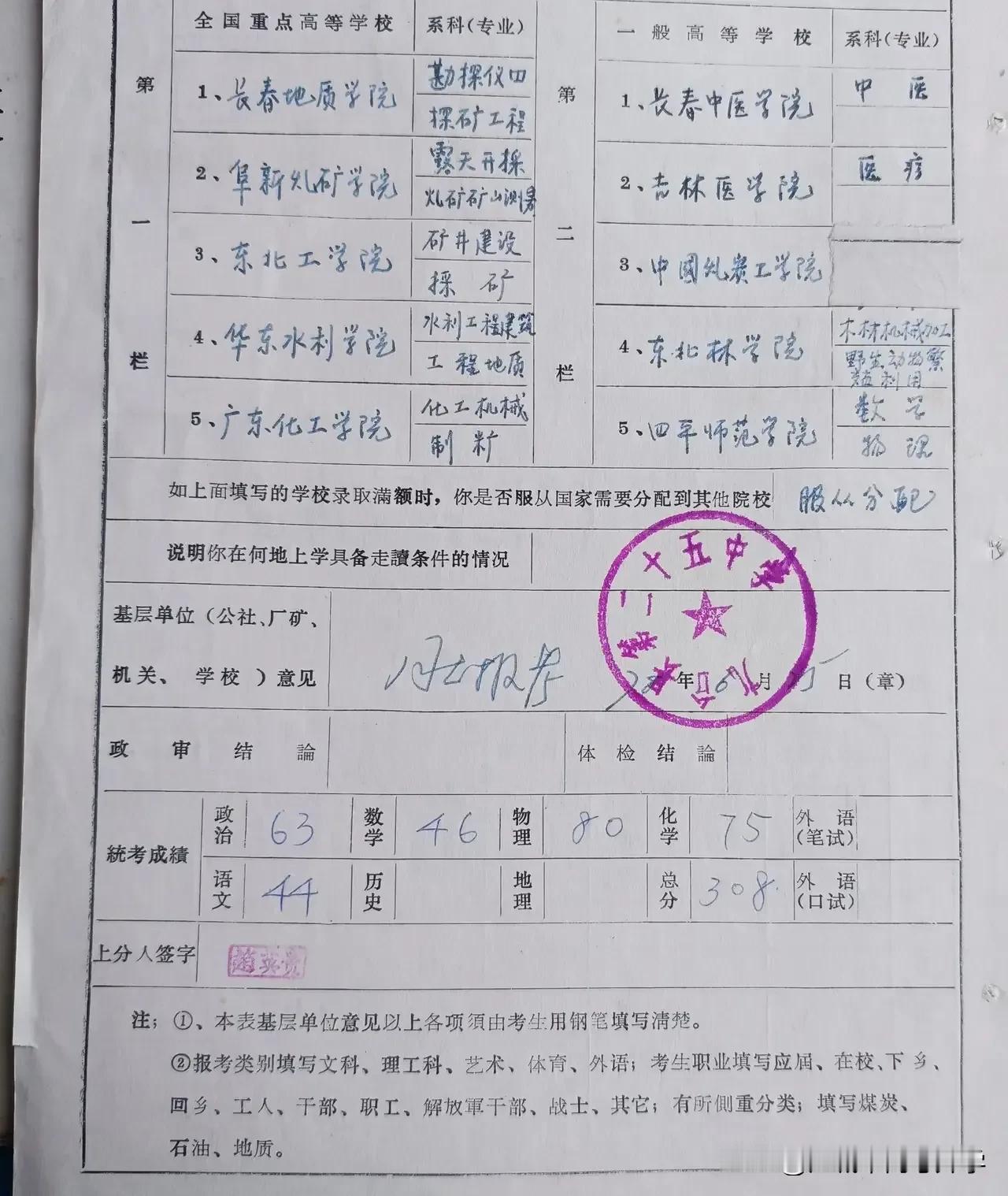 1978年高考成绩，当年本科线305，这个成绩是过了本科线的！#记录那年高考# 