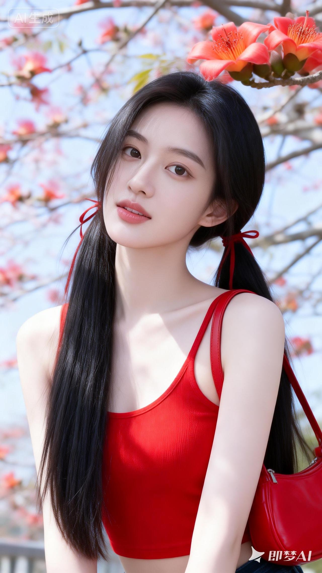 春日少女，红裙飘逸，花海中绽放！🌸💃🏻