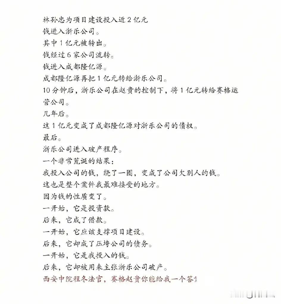 两亿投资，绕了一圈，林孙忠的钱没变成资产，反而成了别人申请破产的筹码。

赵贵这
