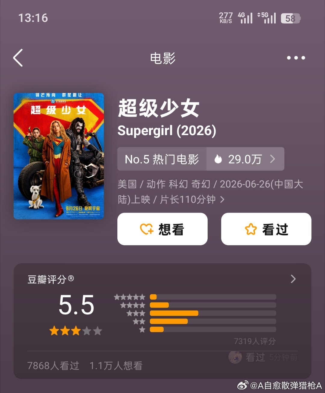 《超级少女》这部电影没想到豆瓣开分还能有5.5，我打分4.8都十分后悔，觉得心软