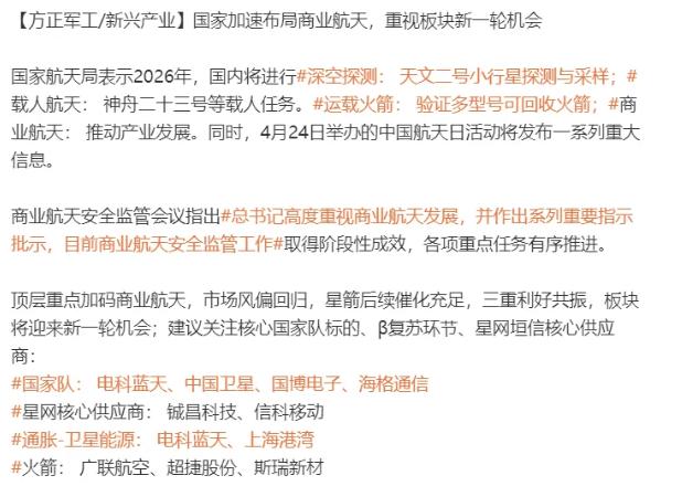 这个周末商业航天利好不少，一是商业航天发展有系列重要指示批示，级别很高；二是民营