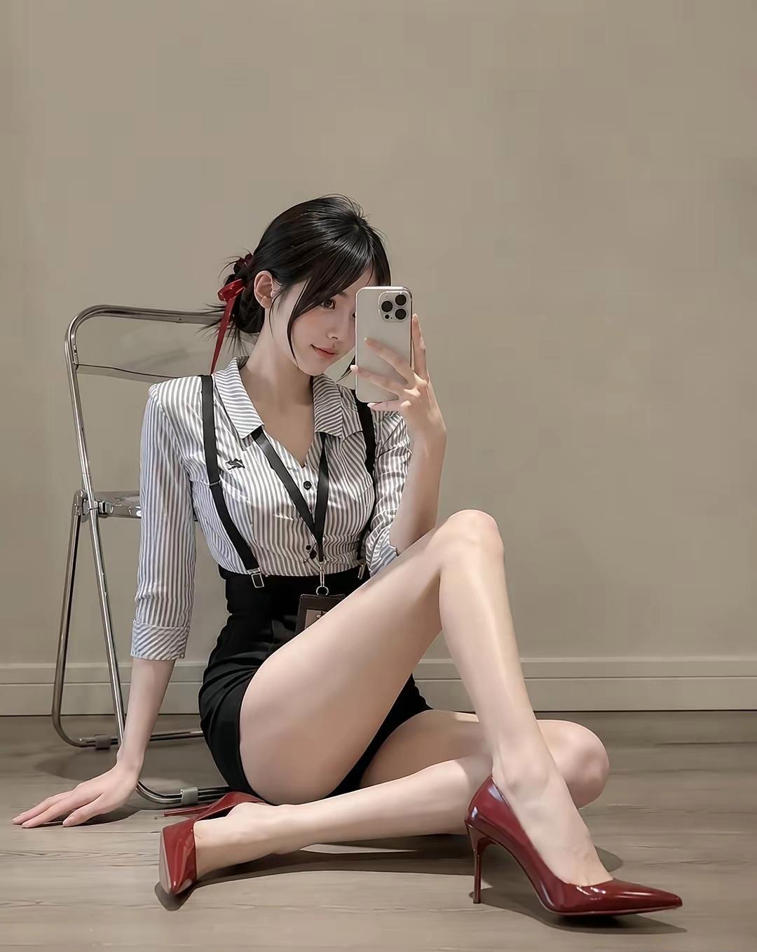 红鞋配制服，职场小姐姐的小心机，优雅又带点小俏皮，这腿真的犯规了！