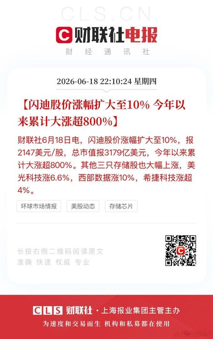 【闪迪股价涨幅扩大至10%闪迪今年以来累计大涨超800%】财联社6月18日电，闪