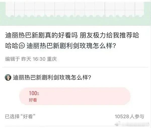 迪丽热巴的新剧《利剑玫瑰》口碑确实非常好，剧本非常扎实，收视率不错，云合也登顶了