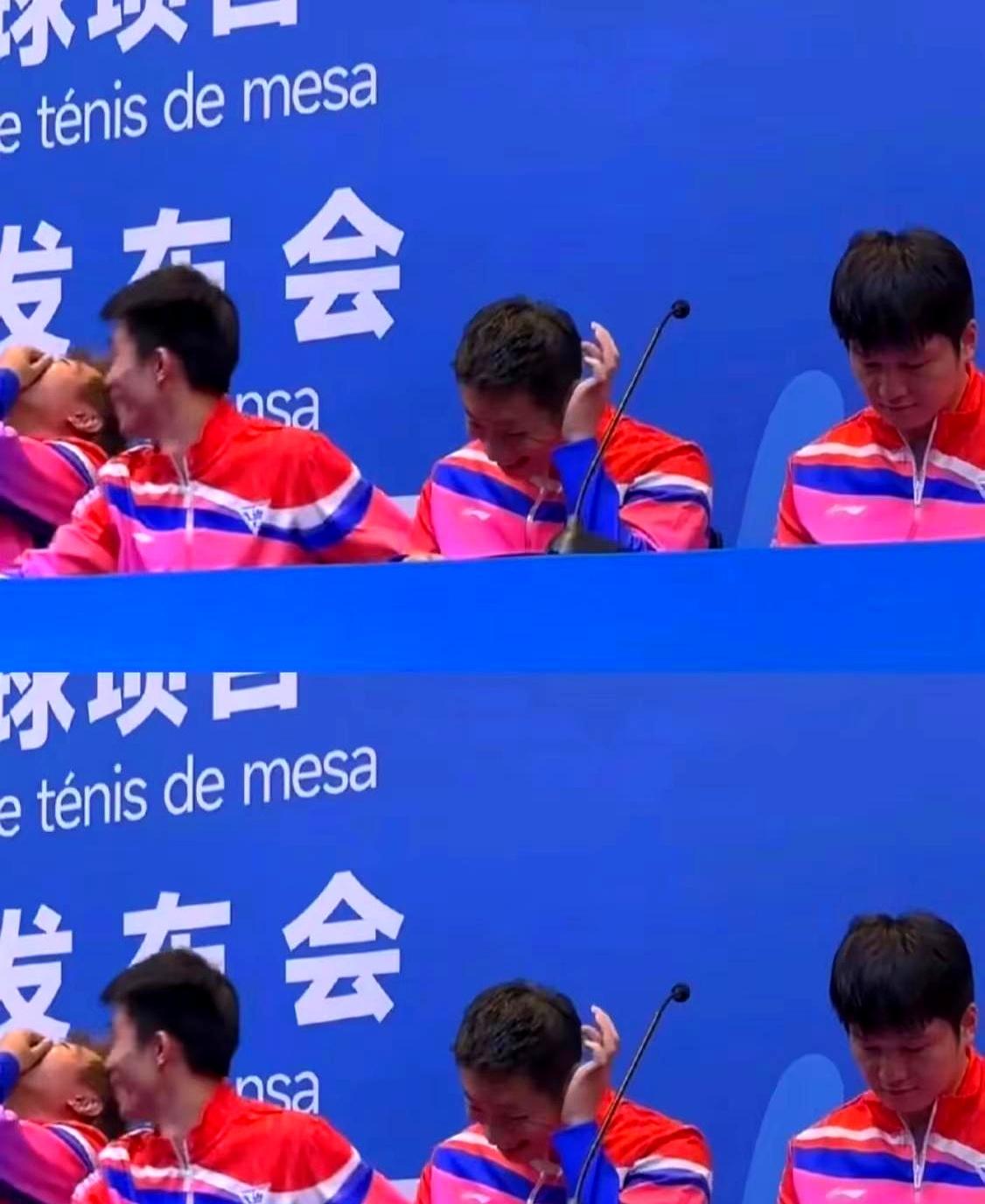 记者在全运会采访中向樊振东、许昕、周恺提问：“三位都拿过全运金牌，请说谢谢。”周