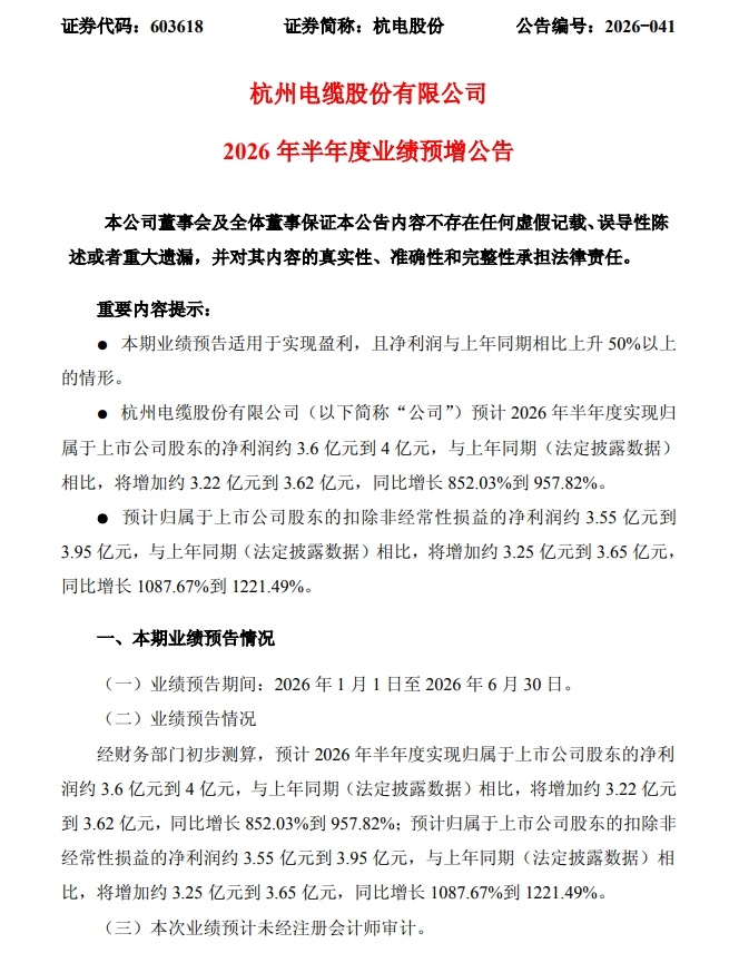 【杭电股份：上半年净利预增852%-958% 子公司光纤销量随行业复苏实现同步增