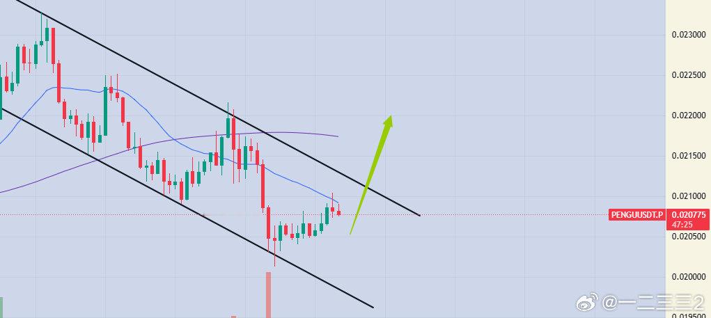 PENGU小级别1小时上升旗形，现在已经到尾部了，现价0.0207和0.02分批