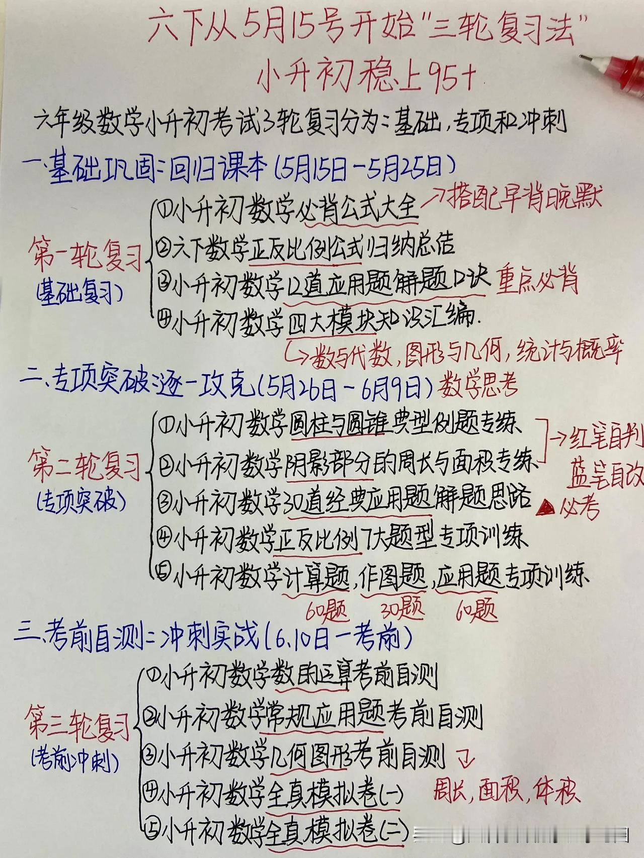 六下从5月15号开始“三轮复习法”小升初稳了
