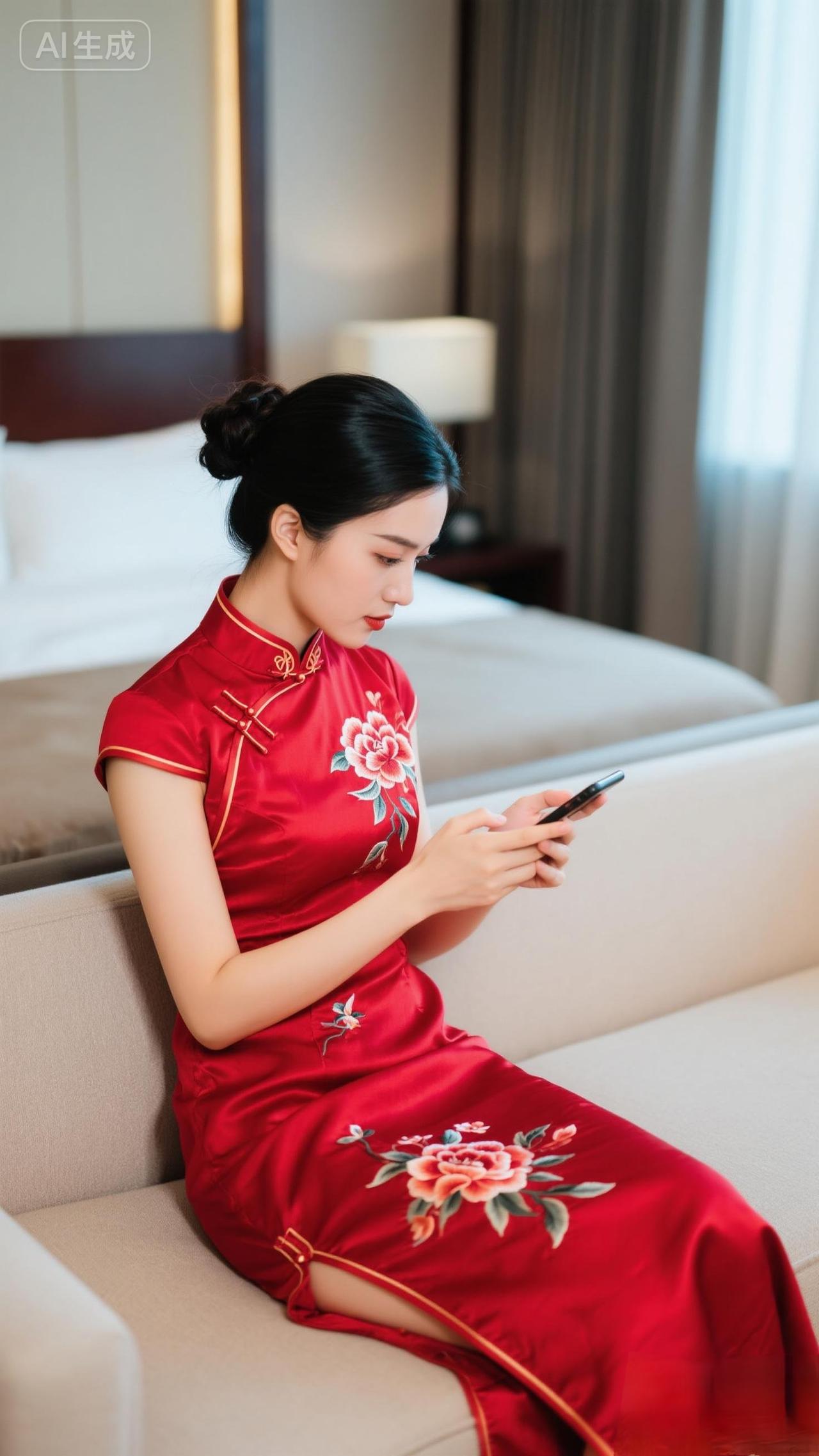 优雅红衣少女，沉浸在手机世界，尽显东方韵味。旗袍给予什么样女性美?