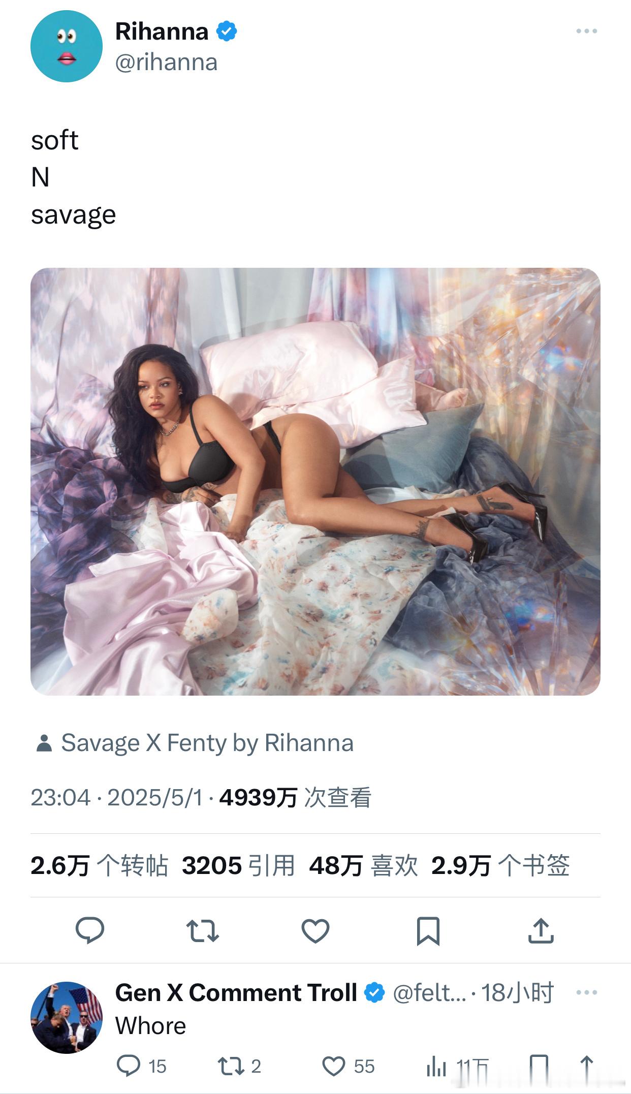 头号女詹蜜蕾哈娜发布性感辣照并配文：“柔软的，英文第十四个字母（黑鬼），野蛮人”
