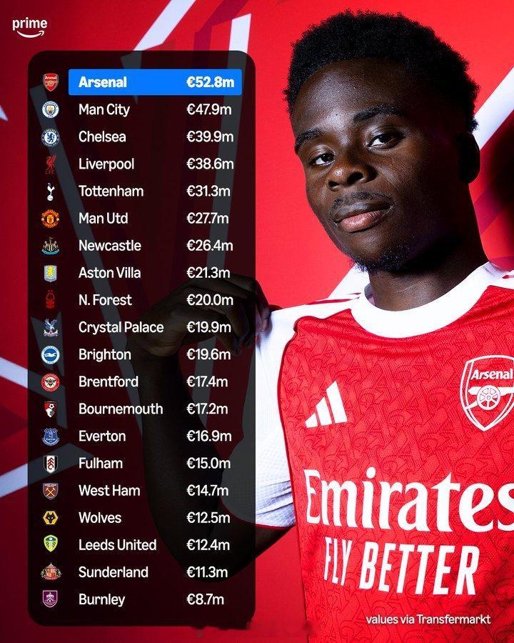 目前每支英超球队的平均球员身价💸，阿森纳稳居第一位 阿森纳著名教授