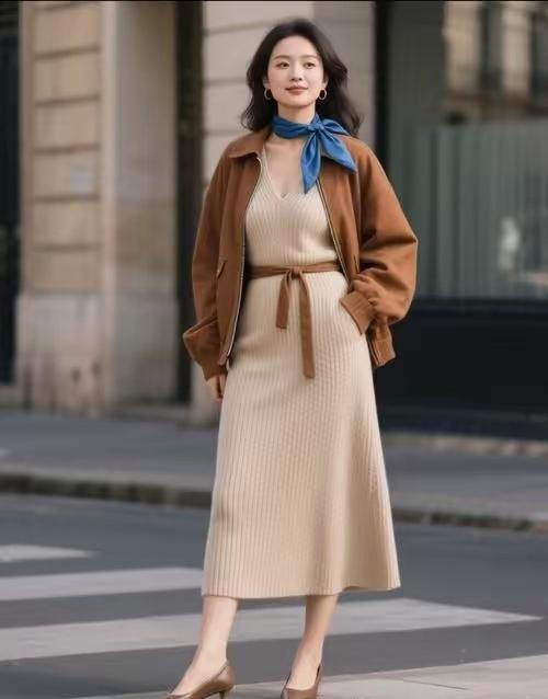 这套穿搭将法式优雅与日常松弛感完美融合。驼色麂皮夹克自带复古质感，搭配米白针织长