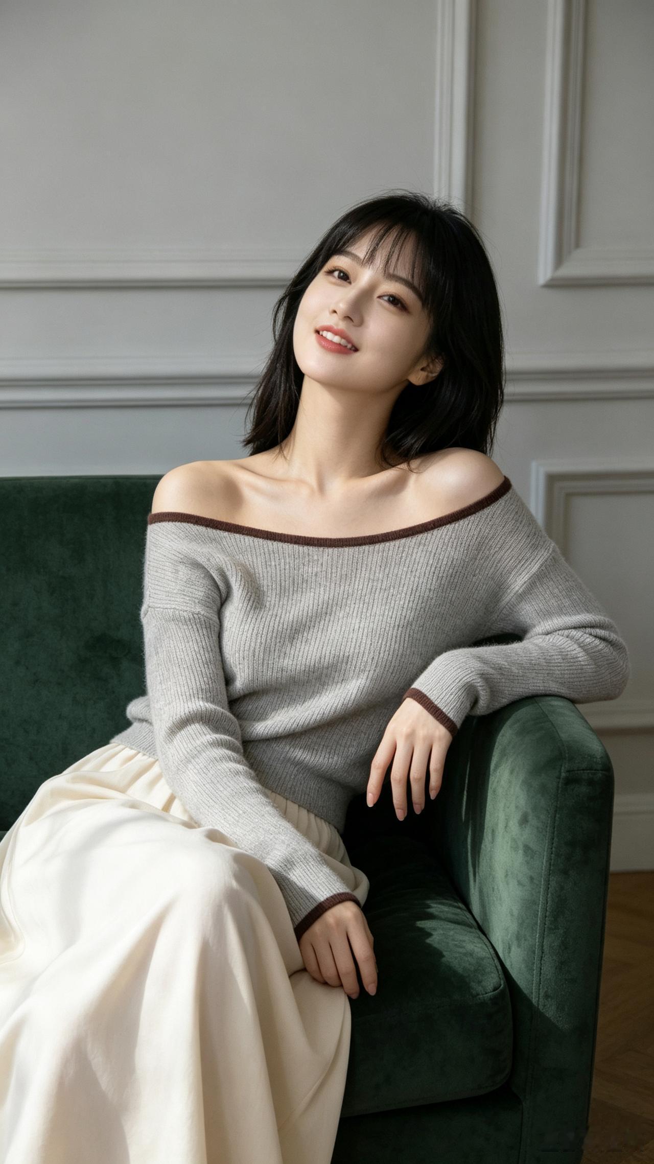 一个漂亮女孩坐在沙发上微笑。
