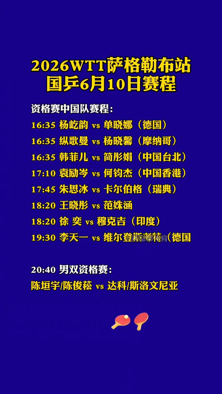 2026WTT萨格勒布站国乒6月10日赛程。
资格赛中国队赛程：
·16：35杨