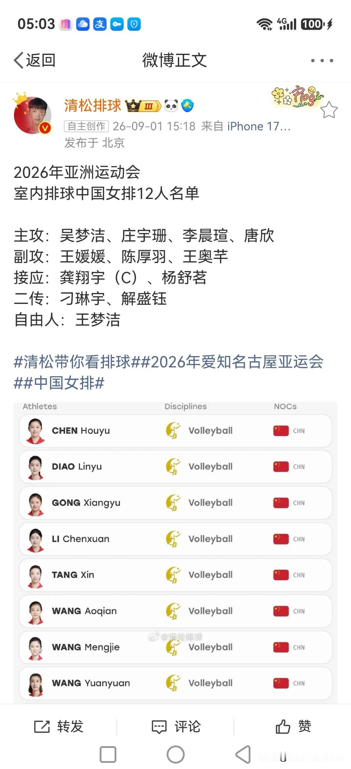 中国女排亚运会名单出炉，这份名单还是打亚洲锦标赛的名单，赵勇仍然没有带上张籽萱。