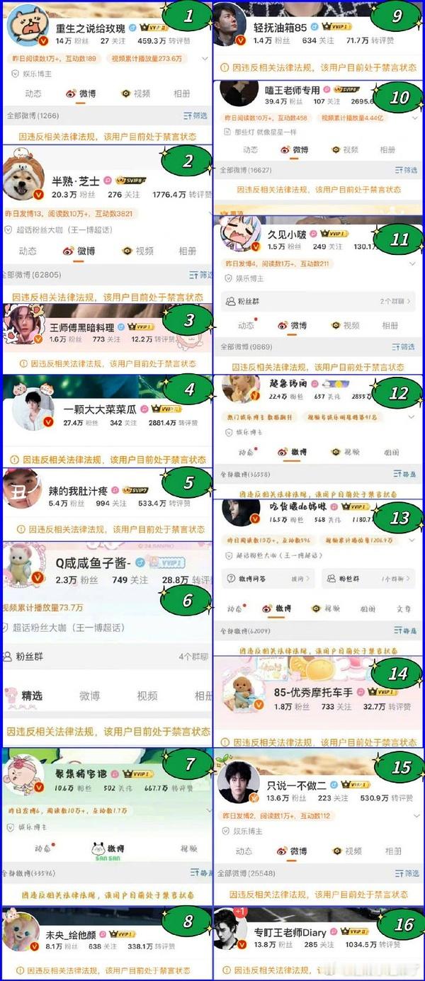 据网友统计，王一博的16个红V大粉被集体禁言[思考] ​​​