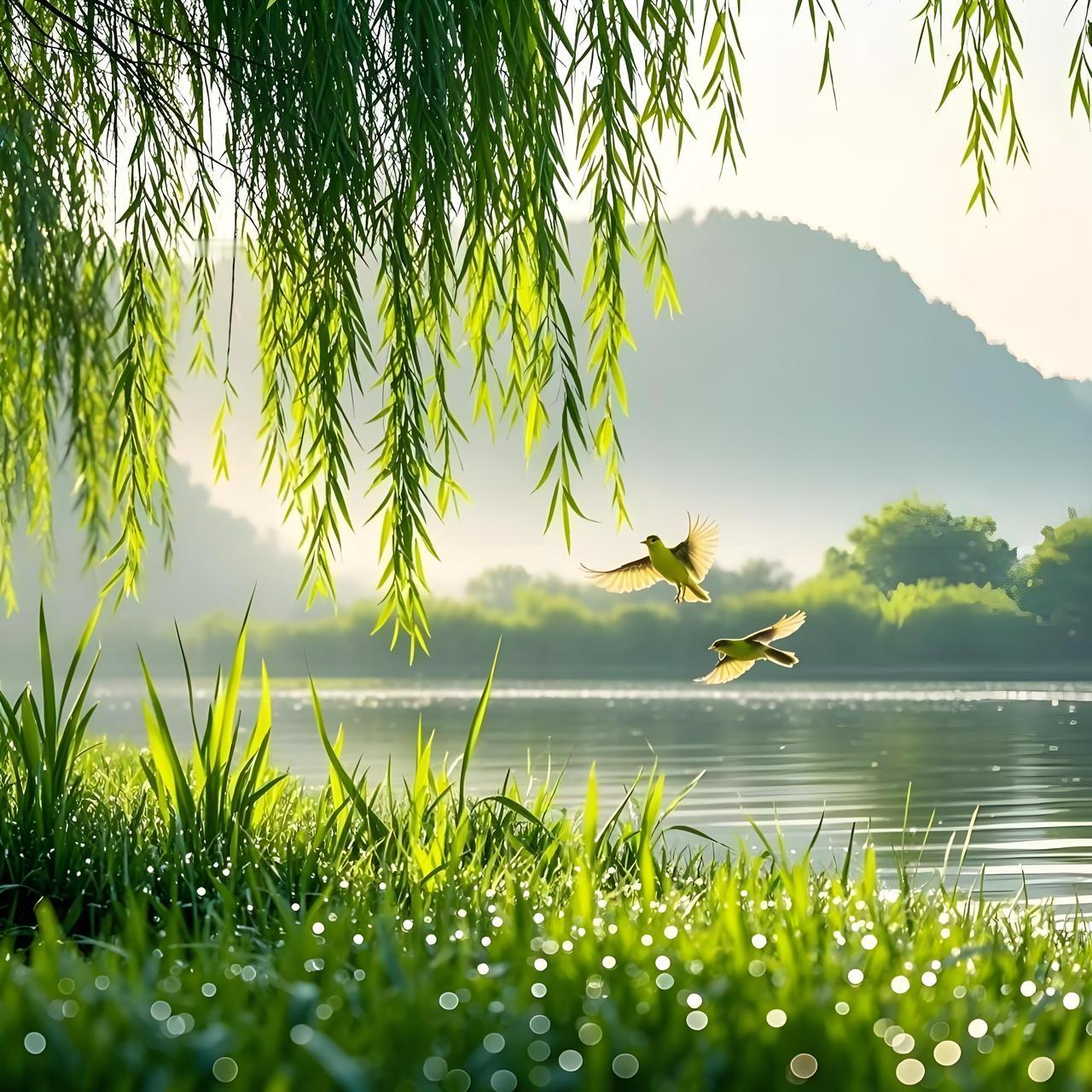 上联：细雨绵绵润万物
此联以“细雨”对“春风”，“绵绵”对“徐徐”，“润万物”对
