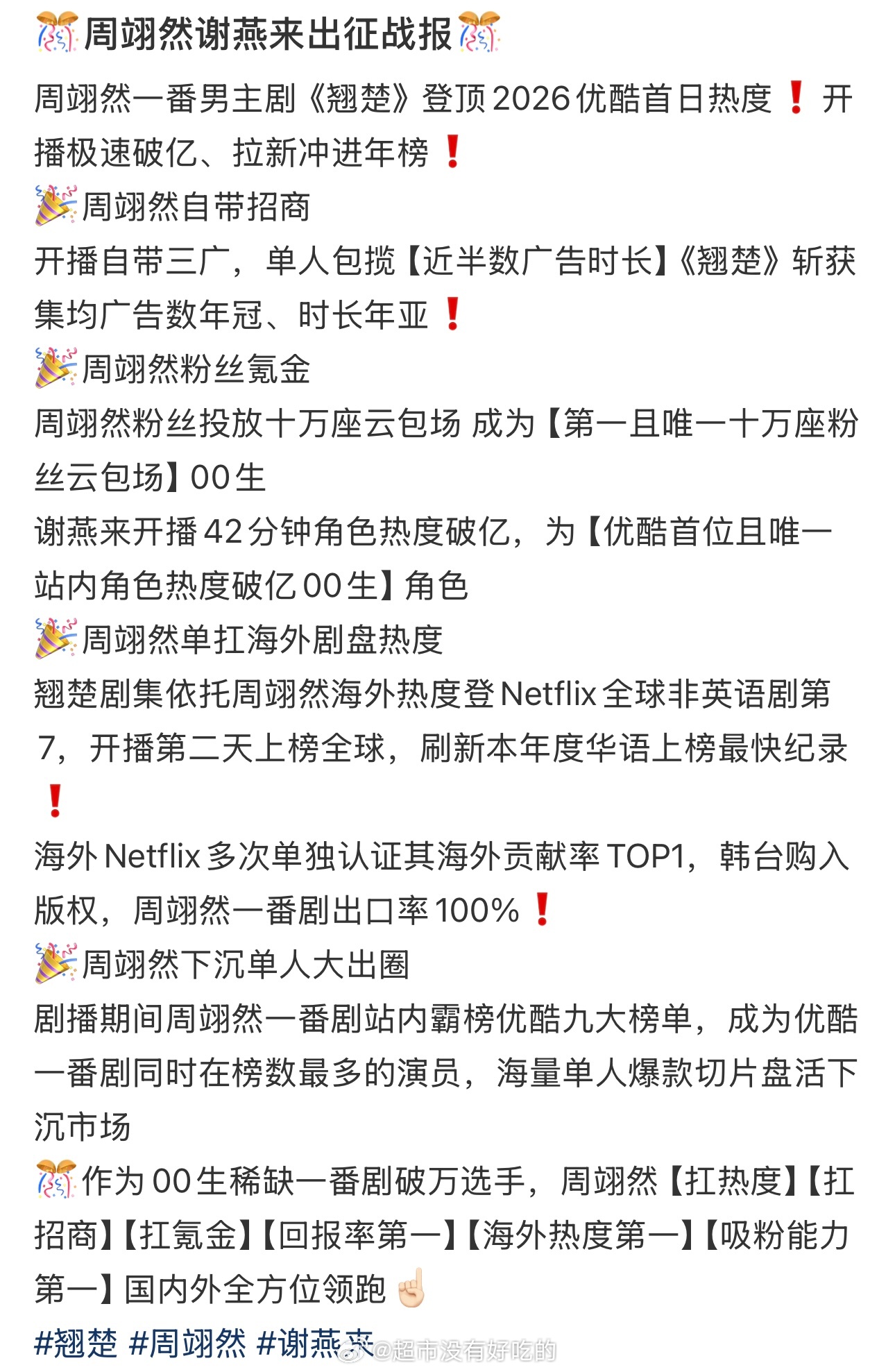 周翊然《翘楚》谢燕来收官饭制战报好亮眼的成绩，好漂亮恭喜然然，有效播剧的见证周翊