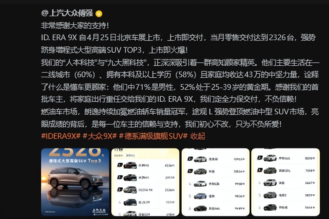 大众也开始发力了，ID ERA 9X 开始晒交付数据了！
看来上汽大众对这个成绩