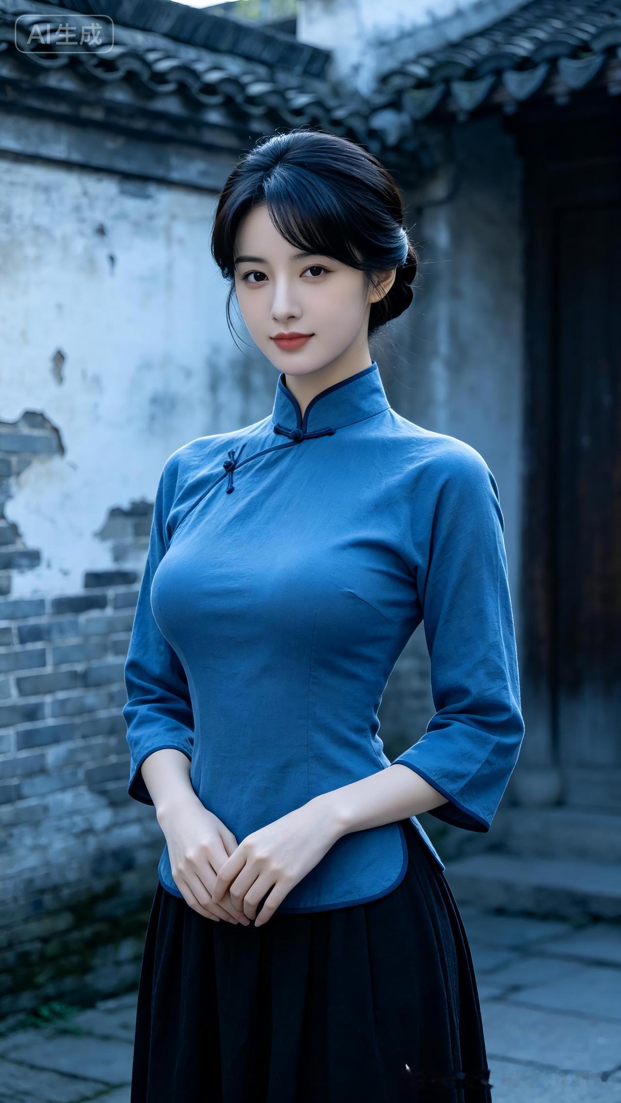 女子盘发斜刘海，蓝斜襟布衫配黑长裙，细腰宽胯葫芦身段，素净雅致，黄金分割构图氛围