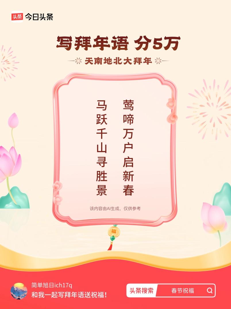 写拜年语送祝福新春拜年送祝福！我的祝福是：“马跃千山寻胜景，莺啼万户启新春”！快