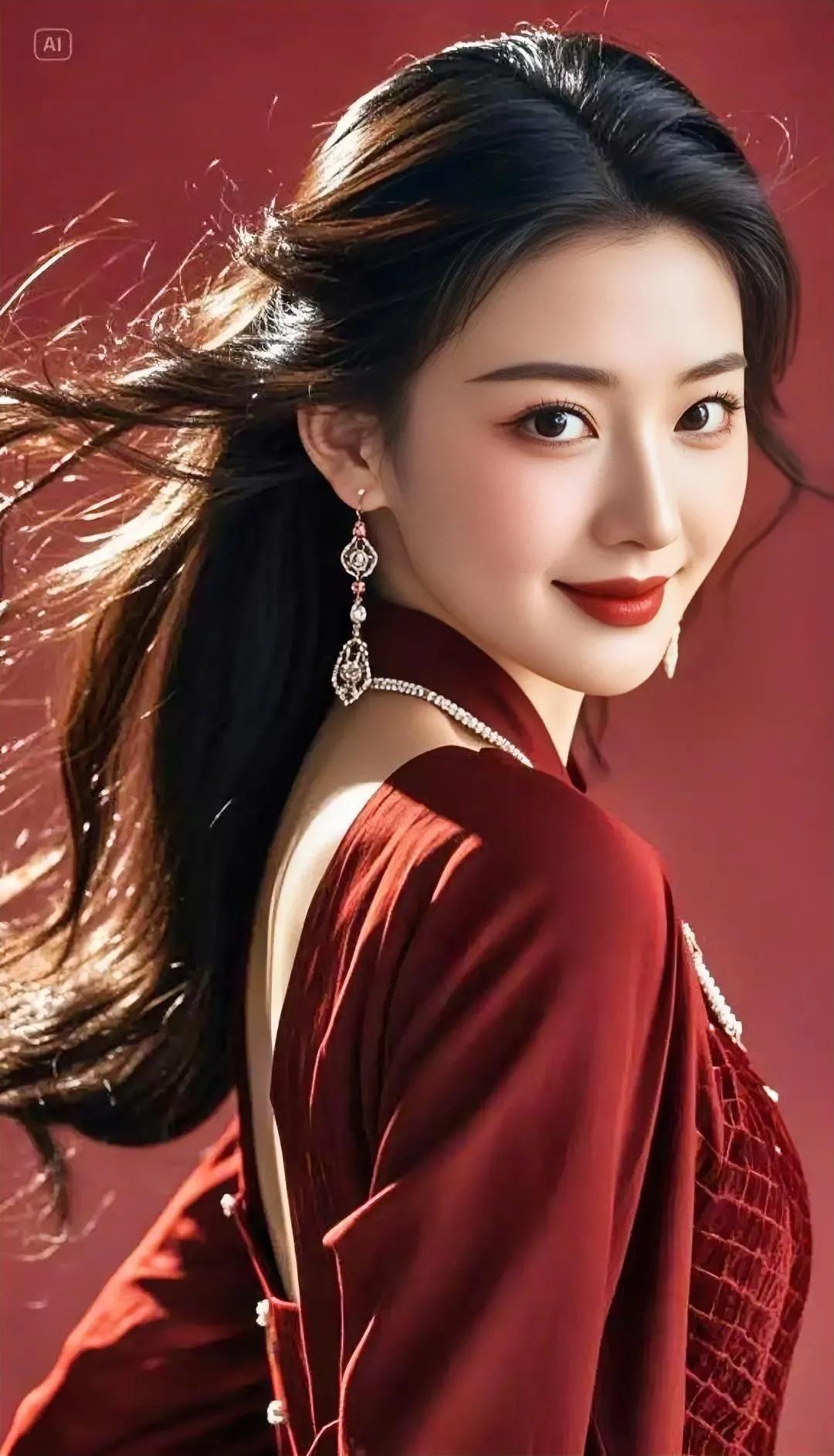 红衣佳人似画中，笑靥如花动乾坤。清纯一笑薄红颜 谁家玉女俏容颜 清纯一笑解红颜 