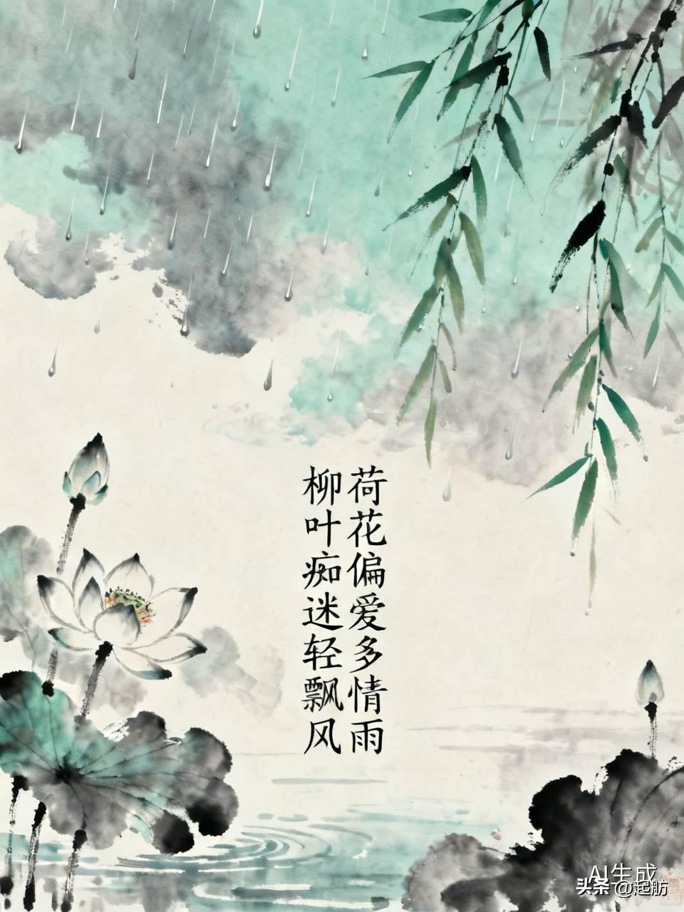 上联：荷花偏爱多情雨
下联：柳叶痴迷轻飘风