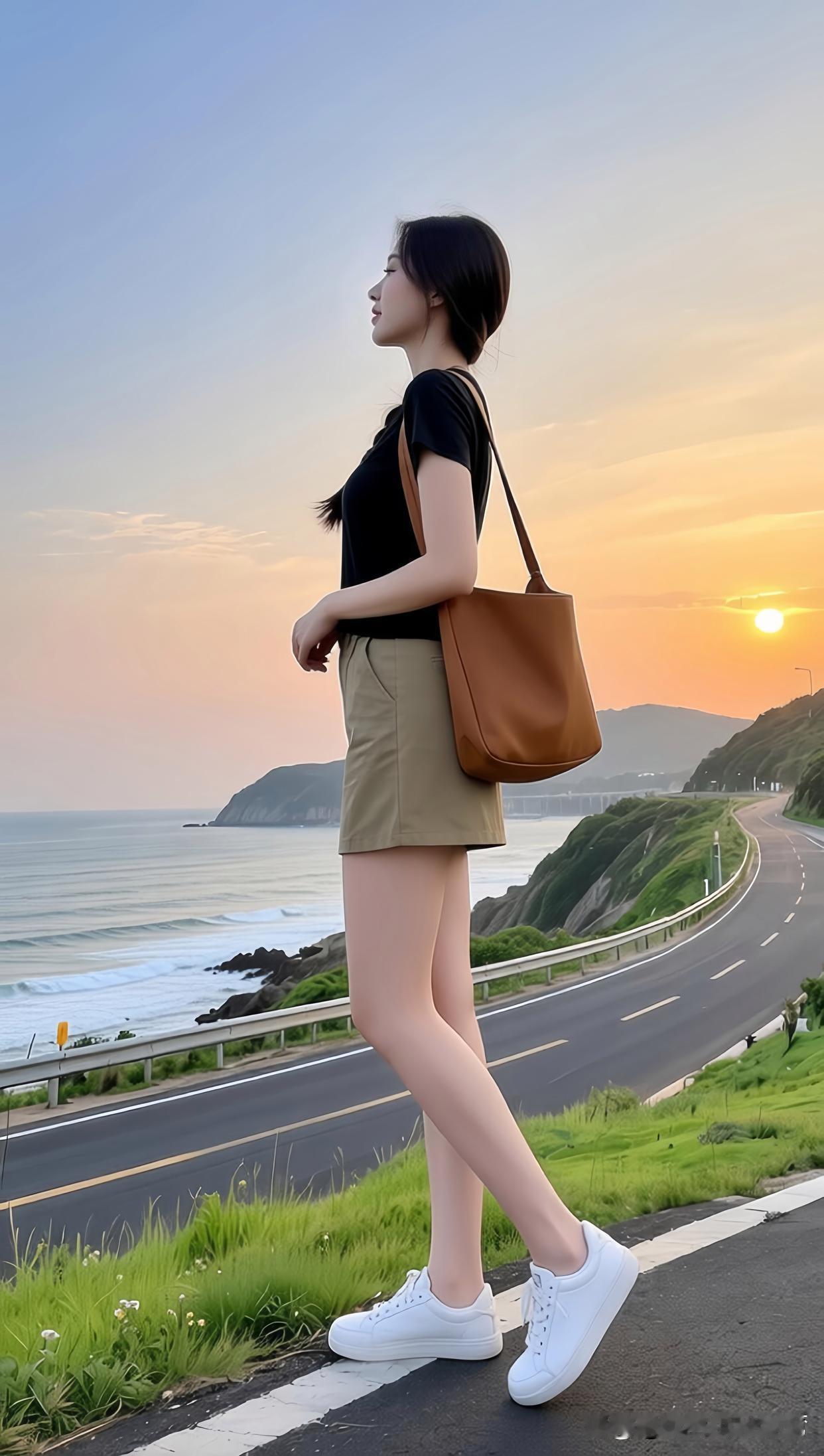 海边漫步，落日余晖，轻奢穿搭