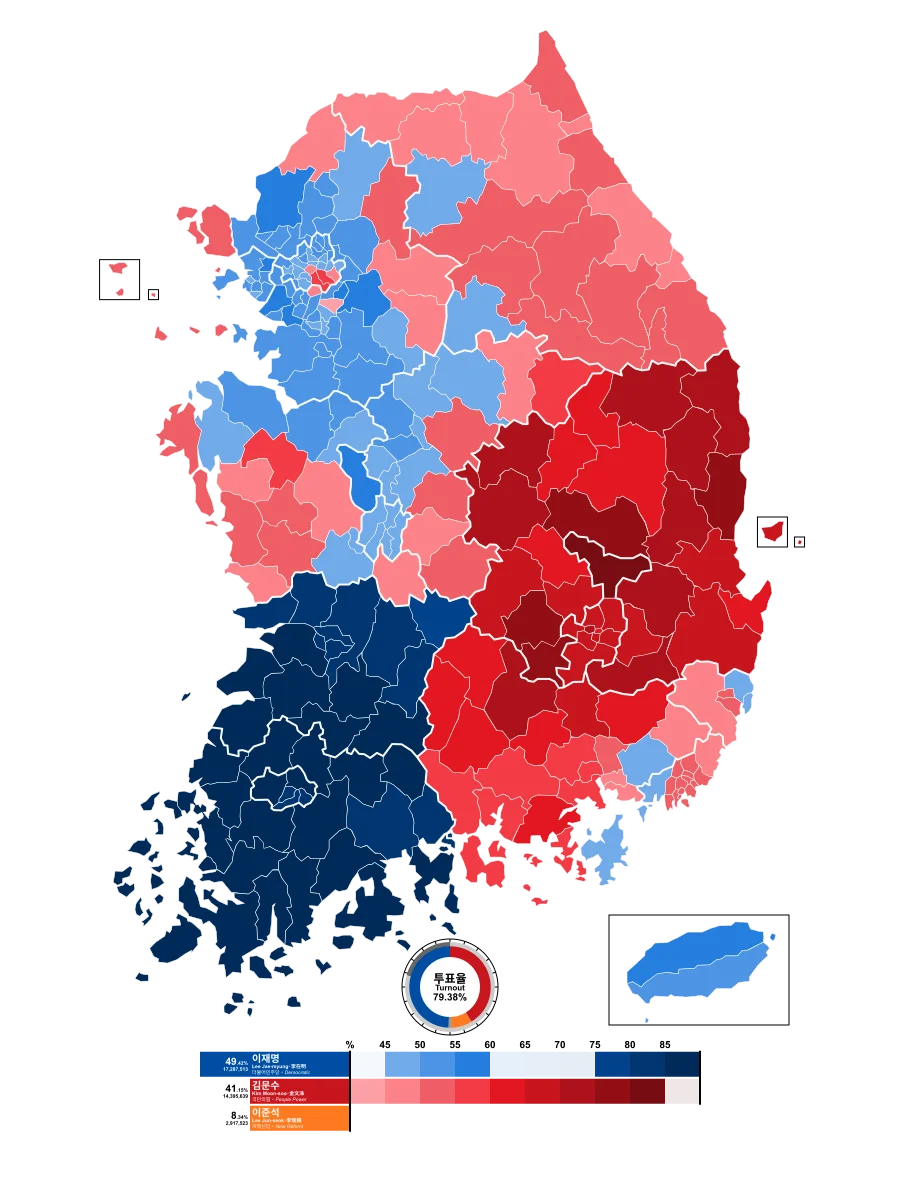 韩国2025大选，郡级单位胜选地图
