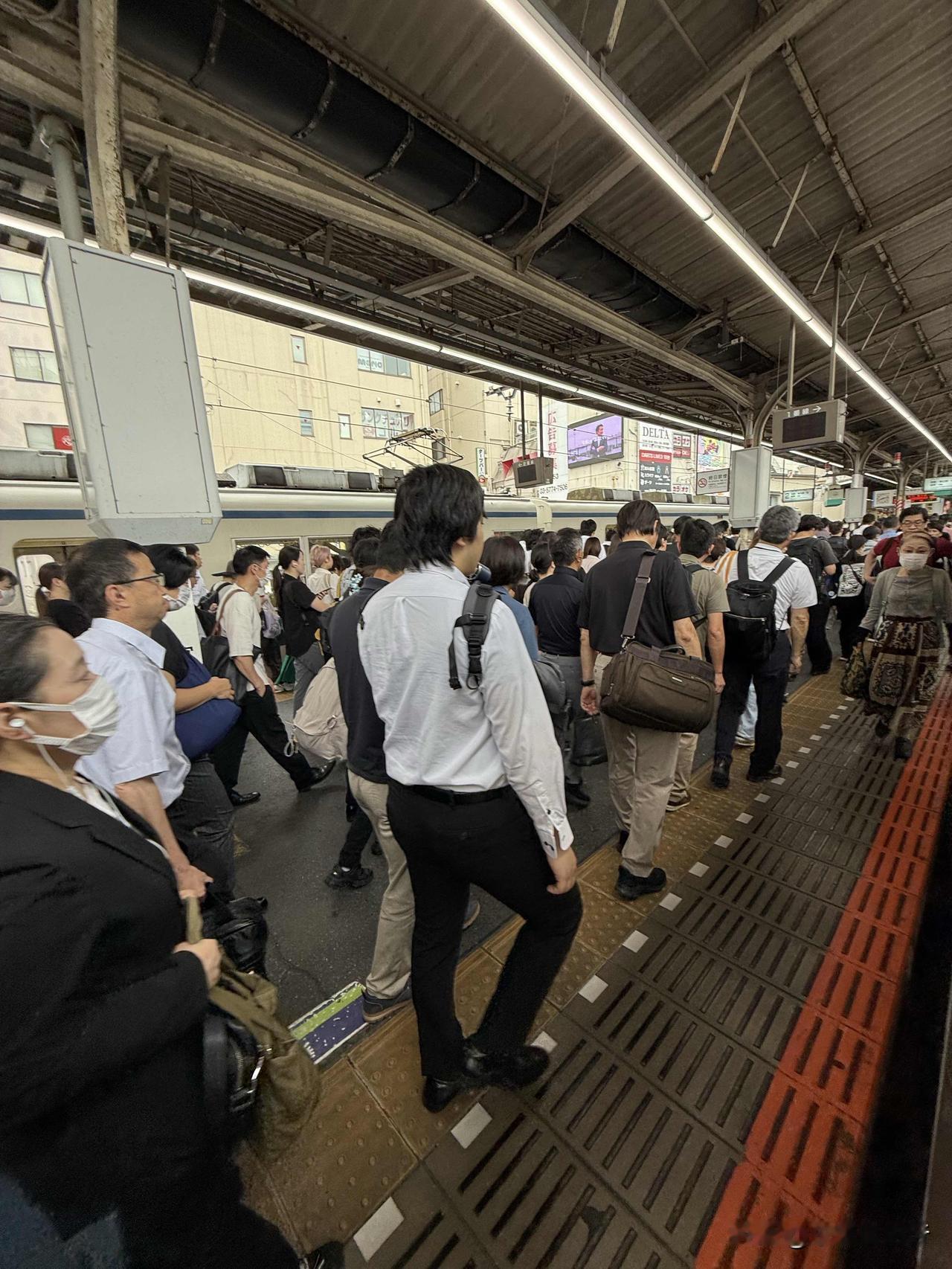 日本的“牛马族”。
早上8点多。
电车上太挤了。