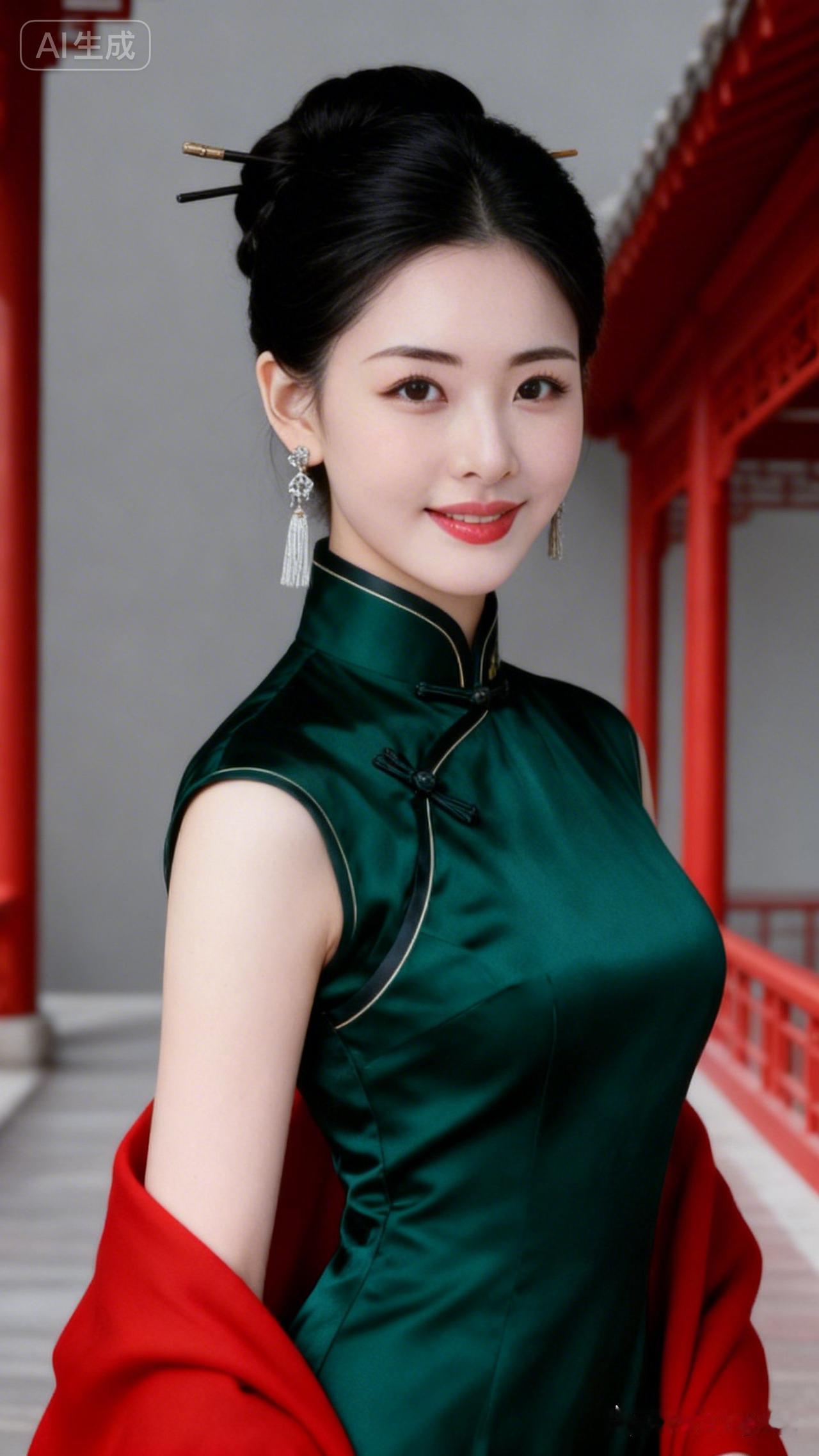 气质佳人冷白皮衬精致面容，身着中式墨绿旗袍，盘发簪钗点缀。流苏耳饰摇曳，身姿曼妙